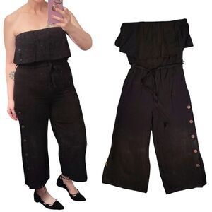 Y2K Black Strapless Button Wide Leg Cropped Rayon Jumpsuit Large